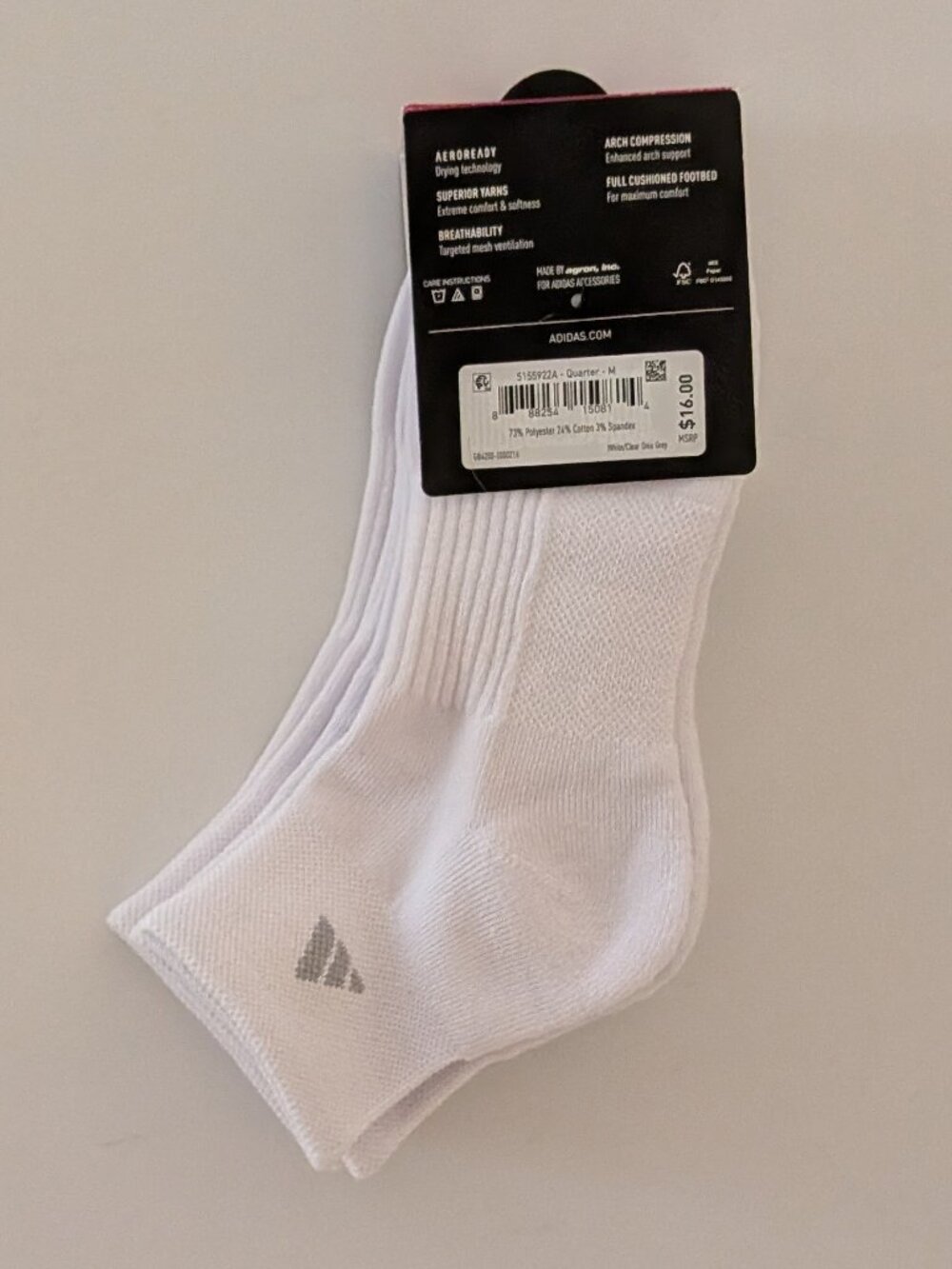 Adidas Cushioned Aeroready Quarter-Length Socks, White, Size 5-10, NWT - Picture 2 of 2